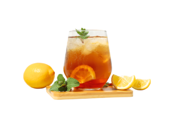 Refreshing iced tea served with lemon slices and mint leaves, isolated on white, PNG