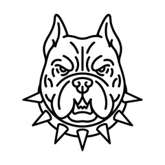 Aggressive Pitbull Head Black Line Vector Illustration with Spiked Collar on White Background
