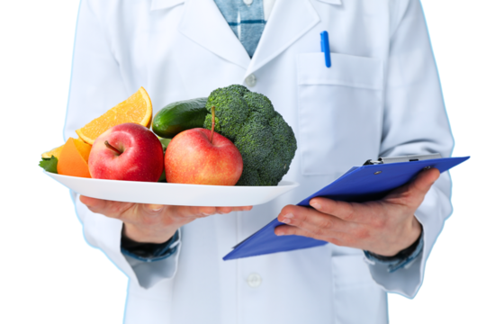 A doctor in a white coat presents fresh fruits and vegetables, promoting healthy eating habits, isolated on white, PNG