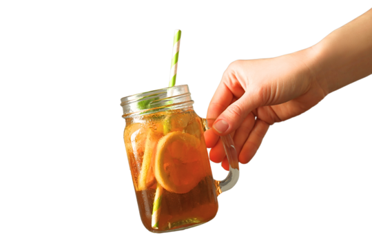 Hand holding a mason jar of iced tea with lemon slices and a straw, isolated on white, PNG