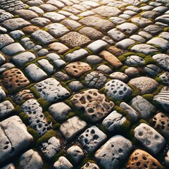 A detailed view of weathered cobblestones