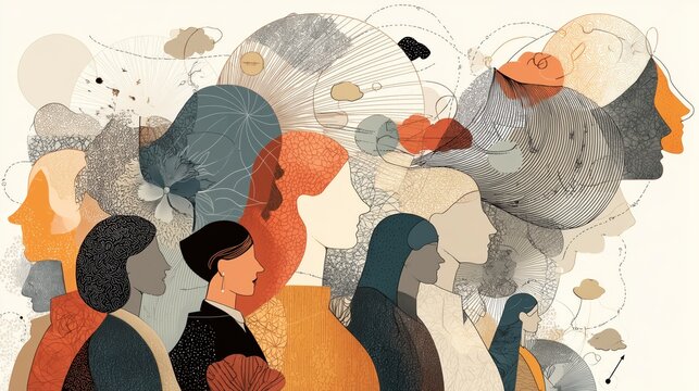 Artistic illustration depicting diverse silhouettes with abstract elements. Diversity in healthcare.