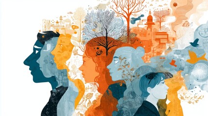 Colorful silhouette artwork illustrating diverse human profiles and nature elements. Diversity in healthcare.