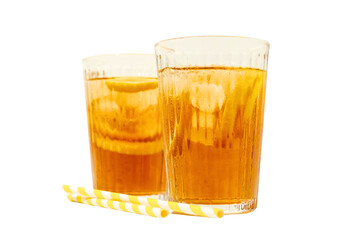 Two tall glasses of iced tea filled with ice and lemon slices, isolated on white, PNG