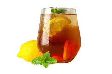 A delicious iced tea garnished with lemon slices and mint leaves, isolated on white, PNG