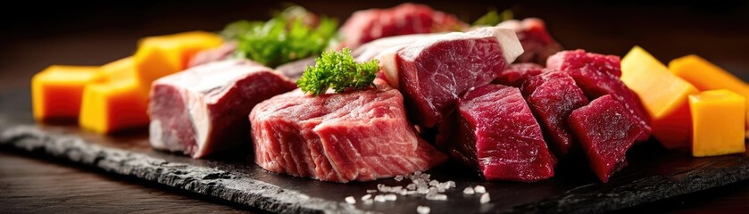 Fototapeta premium Panorama of fresh pet food in raw and uncooked concept. Fresh cuts of high-quality meat arranged elegantly on a slate board.