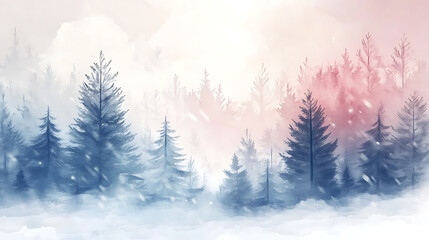 Fototapeta premium A painting of a snowy forest with trees and a sky