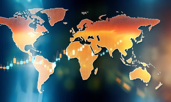  A digital map of the world with golden borders and global business activity lines connecting cities across various continents, indicating international trade and commercial activities, with data visu