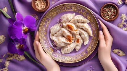 Handheld plate of dumplings presented on a purple cloth.