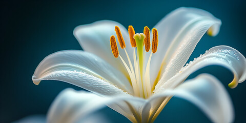 Close-up of White Lily Flower with Stamen, Beautiful White Lily Blooming in Nature, Macro Shot of Fresh White Lily Flower

