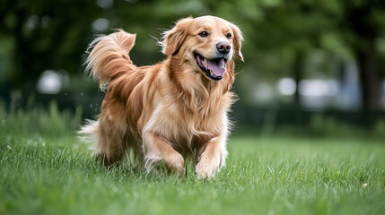 A golden retriever is running through a grassy field