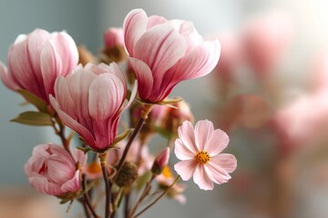 Fototapeta premium Delicate Pink Flowers with Soft Petals Displaying Natural Beauty in Bright Indoor Light