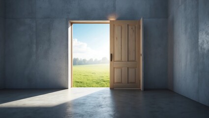 Fototapeta premium Next level concept with dark empty room, opened door in wall and sunny mountain view behind the door