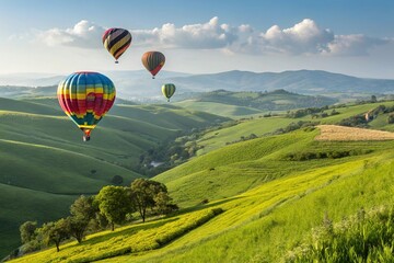 Fototapeta premium Colorful Hot Air Balloons Floating Over Lush Green Countryside Landscape