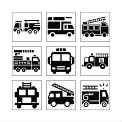 Fire Truck Icons Set Featuring Different Fire Fighters Pose Elements