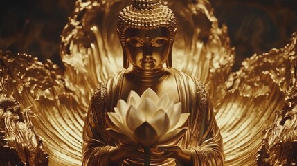 Obraz premium Golden Buddha Statue Holding Lotus Flower.