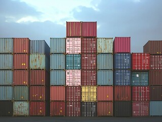 Fototapeta premium Vibrant stack of colorful shipping containers under an overcast sky at dawn or dusk, capturing the dynamic essence of global trade, logistics, and international commerce. 
