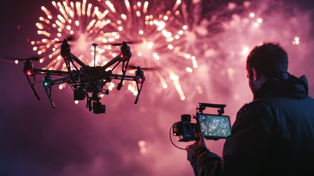 Drone Filming Fireworks: A Nighttime Cinematic Scene