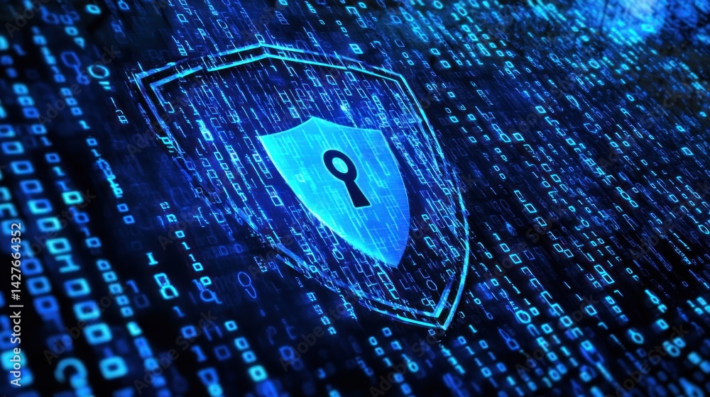 Poster cybersecurity shield on binary code background