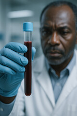 A doctor or laboratory scientist wearing gloves carefully examines a test tube with a blood sample in a laboratory. The image symbolizes the stage of processing donor blood