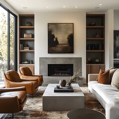 Mid-century modern living room with brown leather chairs, grey sofa, and fireplace for cozy interior design

