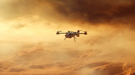 Naklejka premium Drone Soaring Above Martian Landscape: A Dusty, Golden Sunset