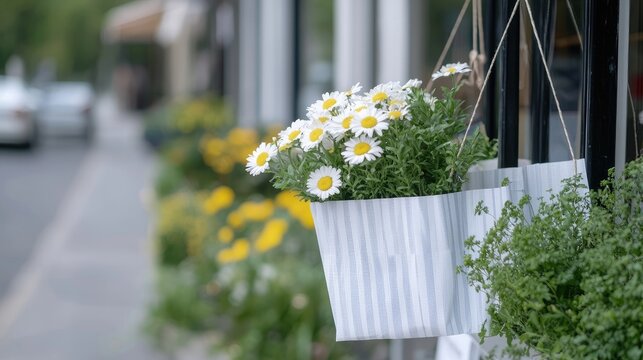 Charming white daisies in striped hanging planters