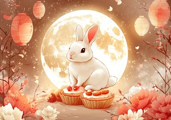 Mid autumn festival, Moon cake for Mid Autumn festival, Moon festival banner, full moon, cute jumping bunnies, lantern,.Happy Mid Autumn Festival, Fifteen of August