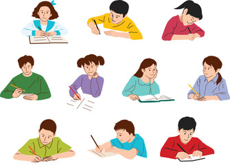A set of illustrations featuring students studying at desks with notebook. Ideal for educational content, school projects, academic promotions, and learning-themed visuals.