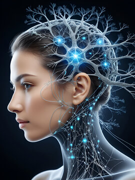 Inhibitory postsynaptic potential mechanosensory neurons and lateral geniculate nucleus woman adorned with intricate crystalline neural structures symbolizing brain connectivity and cognitive energ