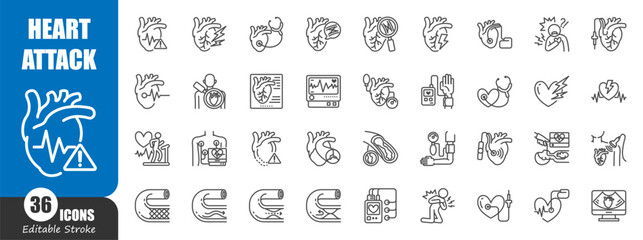 Heart attack . Myocardial infarction . Medical outline icon . Editable stroke . Vector .