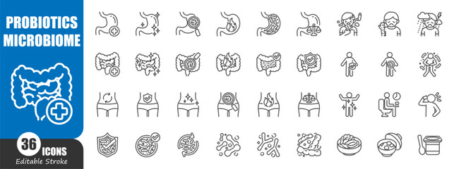 Probiotics and microbiome . Medical outline icon . Editable stroke . Vector .