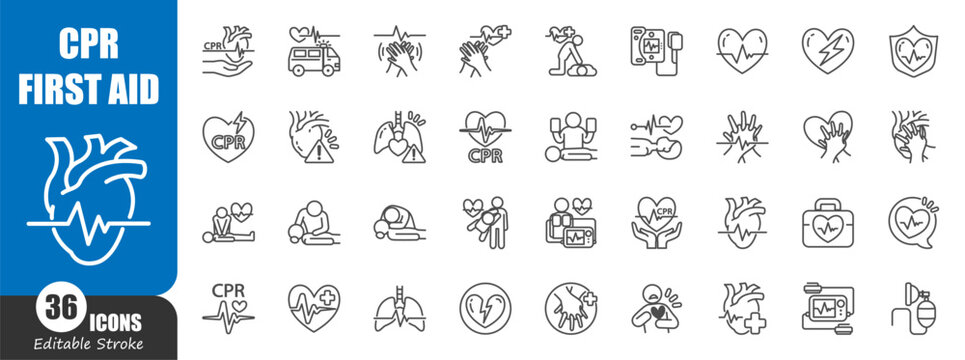 CPR . Cardiopulmonary Resuscitation . Medical outline icon . Editable stroke . Vector .