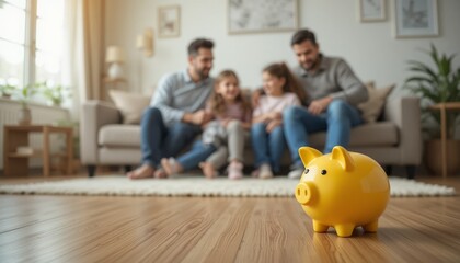 A family couple embrace the concept of financial savings by depositing cash and coins into a pink piggy bank, symbolizing their investment in future wealth