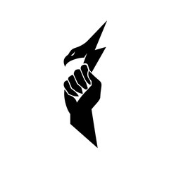 Stylized illustration of a clenched fist holding an eagle and lightning bolt, concept for power, strength, and energy branding