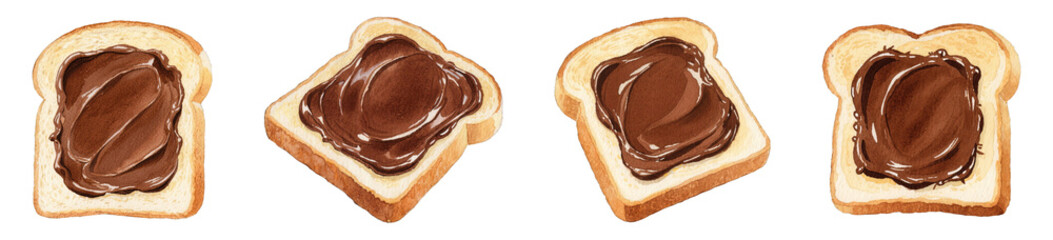 Watercolor Illustration of Slices of Bread with Chocolate Spread Isolated on Transparent Background