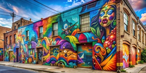 Fototapeta premium Vibrant street art mural on a urban wall , urban decay, urban landscape, urban decay