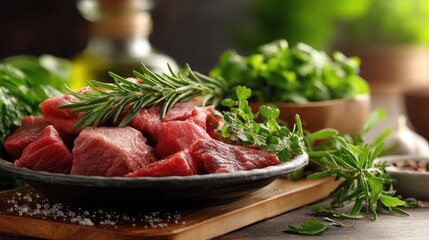 Panorama of fresh pet food featuring raw and healthy concept. Fresh ingredients for a delicious meat dish with herbs.