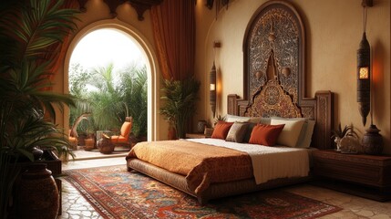 Exotic Moroccan Bedroom With Rich Textures And Ornate Details Evokes A Sense Of Luxury And Tranquility.