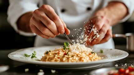 Chef's artful Risotto: Golden grains, Parmesan flourish, culinary elegance