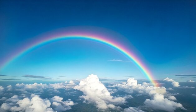 3DCG illustration from viewpoint of drone or airplane flying through refreshing blue sky toward rainbow above. Aerial shot.