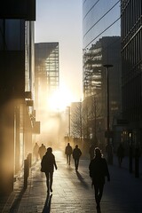 Obraz premium Group of people walk down a city street on a foggy day