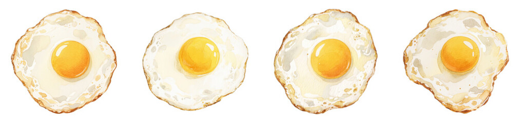 Watercolor Illustration of Fried Eggs Isolated on Transparent Background