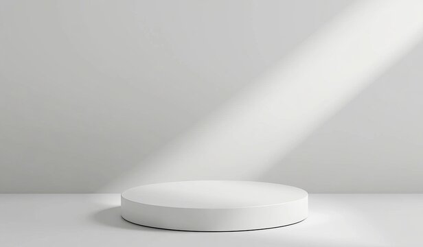 White round pedestal display in minimalist studio with sunbeams