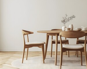 Interior design of modern dining room, dining table and wooden chairs. 3d rendering  


