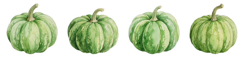 Watercolor Illustration of Four Green Pumpkins Isolated on Transparent Background
