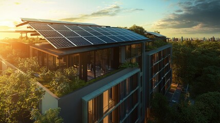 Obraz premium rendering of a building with a solar array on top of it, in an eco city