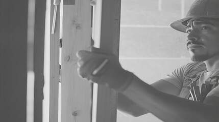 Construction Worker Assembling Wooden Frames