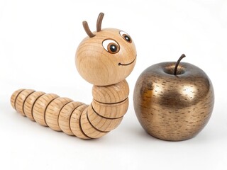 Fototapeta premium Wooden toy worm with a friendly face next to a metallic-finish apple