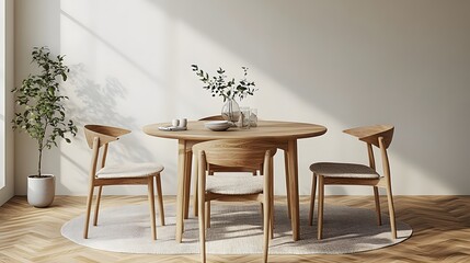 3D interior design of modern dining room with wood furniture
